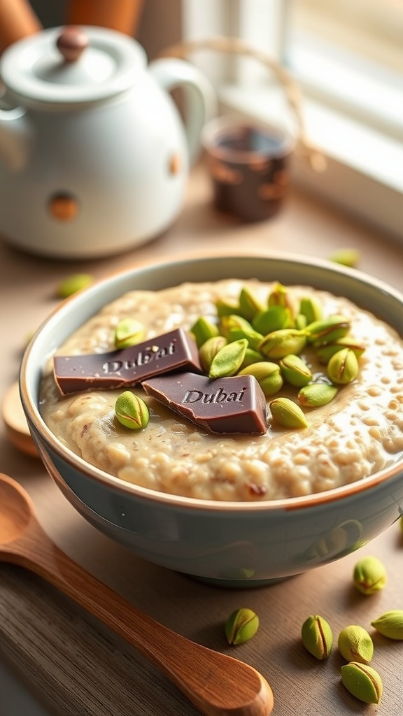 A cozy bowl of tahini chocolate oatmeal with pistachios on a wooden table.